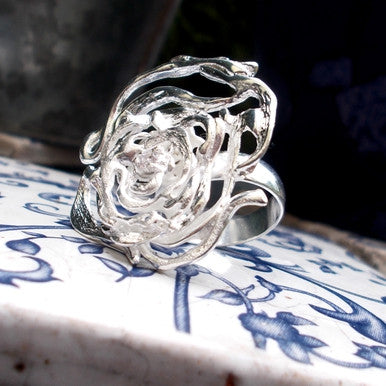 Silver Plated Elegant Rose Ring with Zirconia