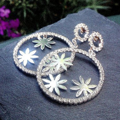 Silver Plated Round Earrings with Flower Design and Strass Stones