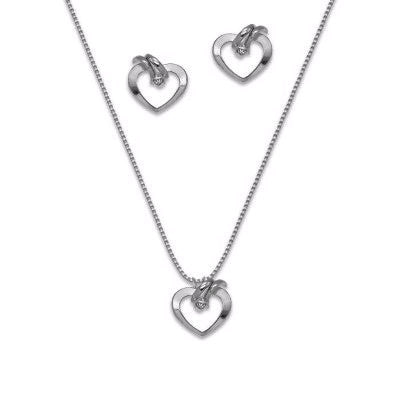 Silver Plated Set of Heart Earrings, Pendant and Chain with Strass and Rhodium