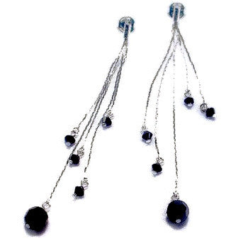 Silver Plated Tassel Earrings with Black Stone Effects