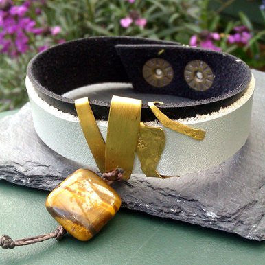 Grey and Black Leather Bracelet with Tiger Eye