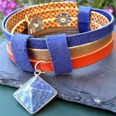 Snake, Brown and Blue Suede Leather Bracelet with Sodalite Pyramid Charm