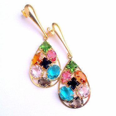 18ct Gold Plated Teardrop Earrings with Multicoloured Murano Stones18ct Gold Plated Teardrop Earrings with Multicoloured Murano Stones