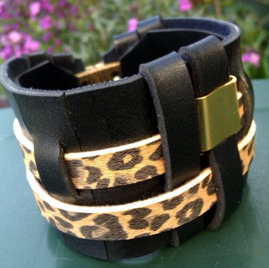 Wide Black and Animal Print Leather Bracelet with Gold Plated Detail