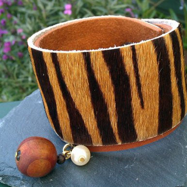 Wide Brown and Animal Print Leather Bracelet with Wood Ball and Glass Pearl