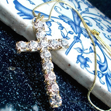 18ct Gold Plated Chain and Cross Pendant with Strass Stones