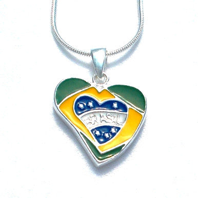 Silver Plated Heart Shaped Pendant with Brazilian Flag and Chain