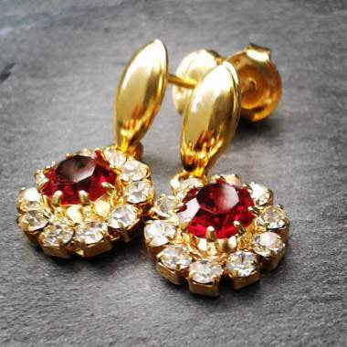 18ct Gold Plated Small Red Stone Effect Earrings with Strass Stones