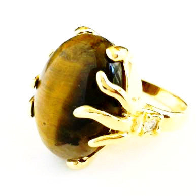 18ct Gold Plated Ring with Oval Tiger Eye and Cubic Zirconia